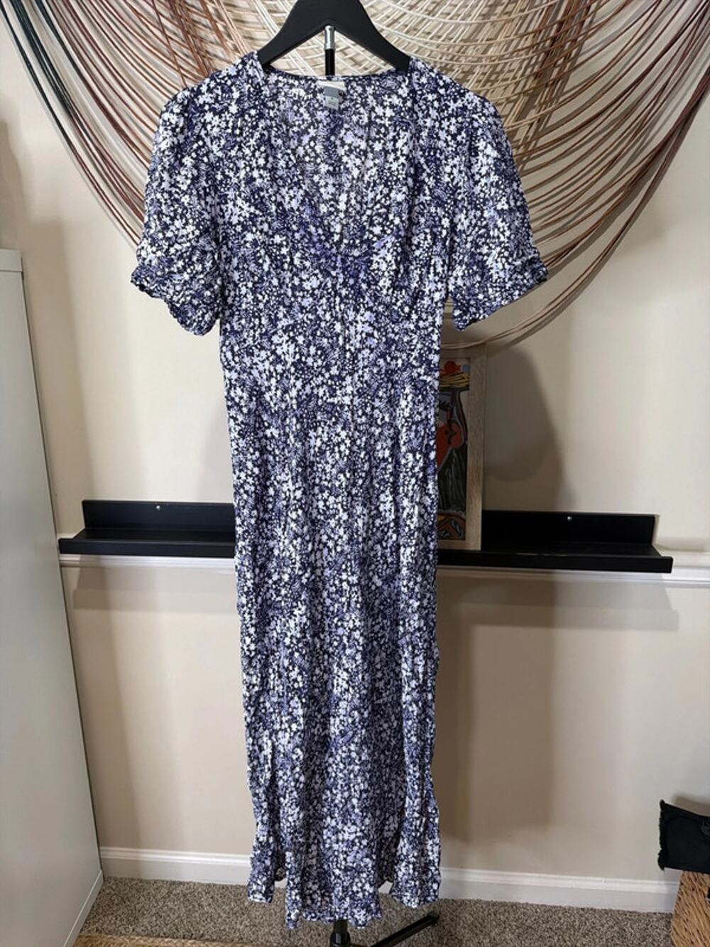 A new day, purple and white puff sleeve midi dress V-neck m 3209